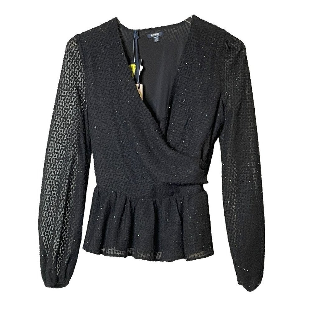 NWT Buffalo David Bitton Lurex Swiss Dot Surplice Peplum Top in Black Sz. XS